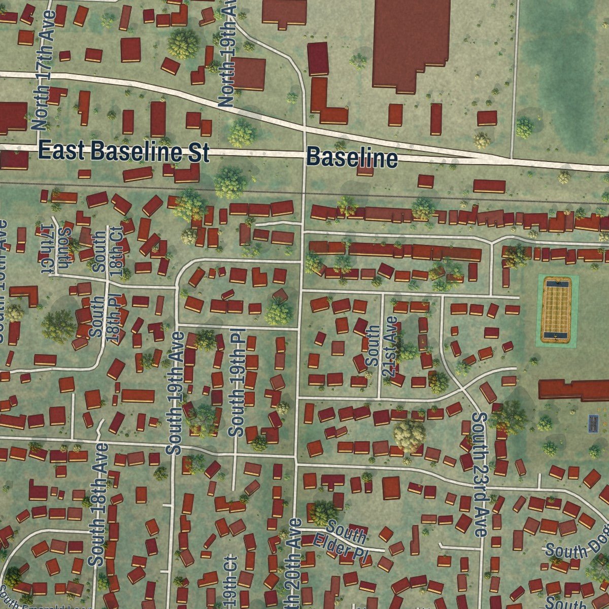 Second close-up of the map of Cornelius, Oregon print showing more streets and buildings
