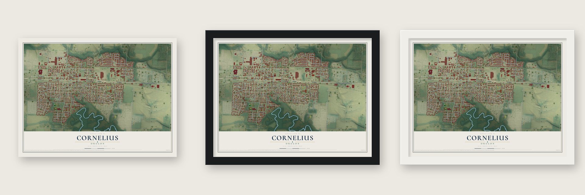 Cornelius, Oregon map unframed, in a black wood frame and in a white wood frame