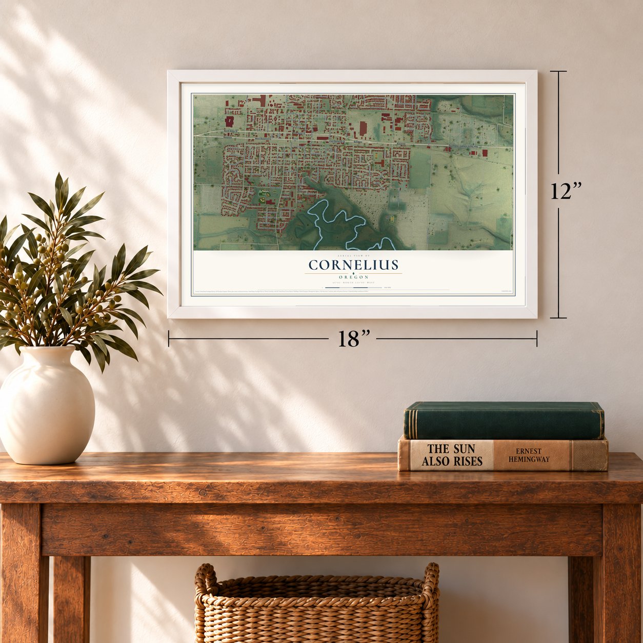 Cornelius, Oregon map, 12 x 18 inch print in a white frame in an entryway
