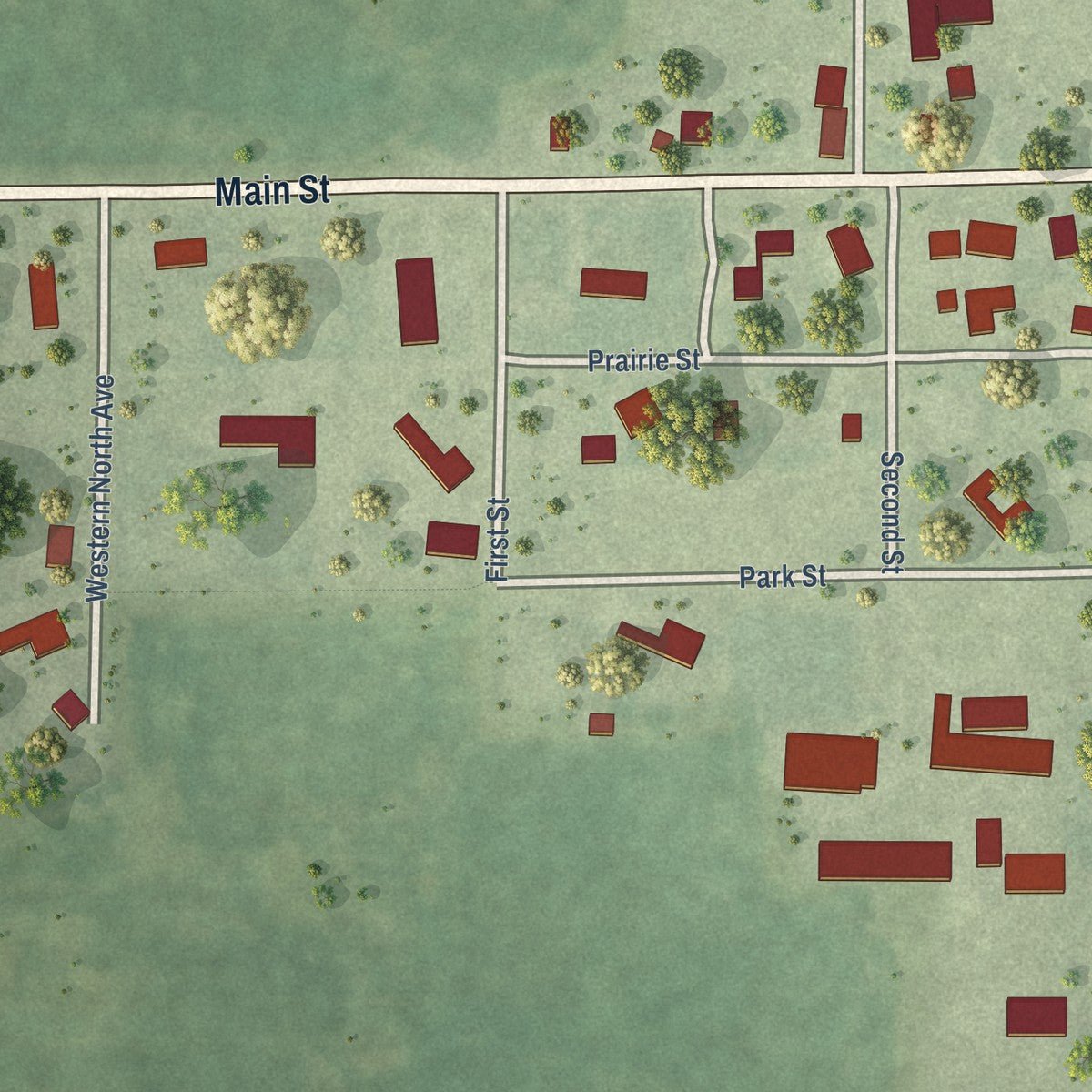 Second close-up of the map of Cornell, Illinois print showing more streets and buildings
