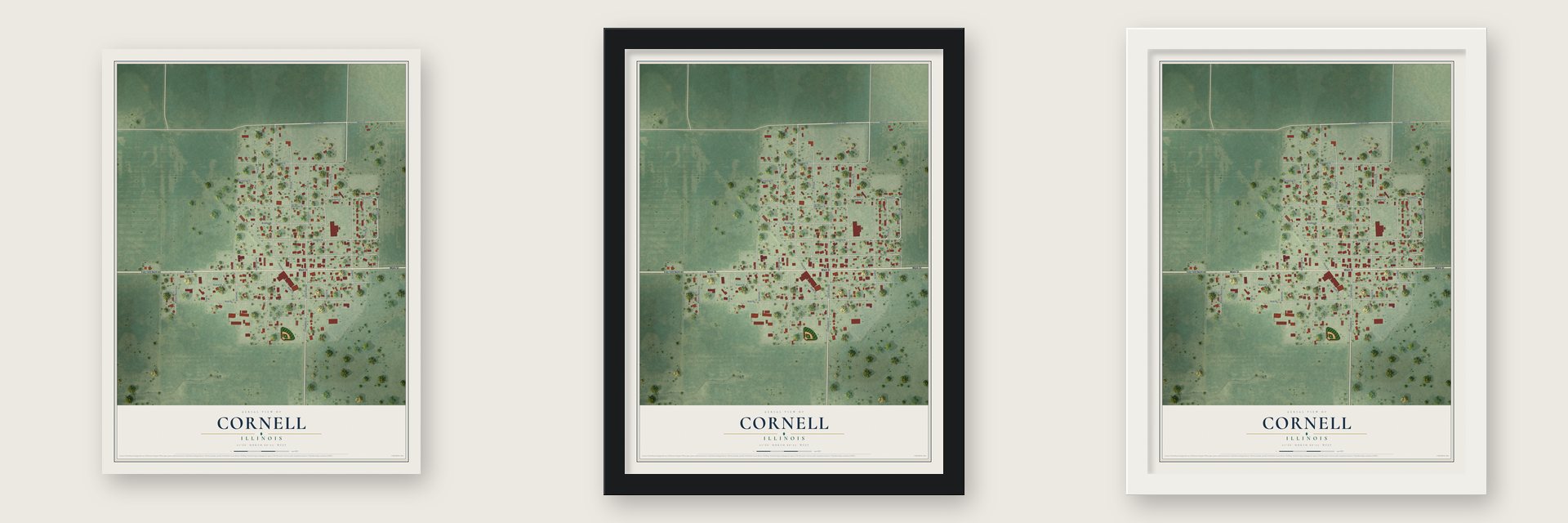 Cornell, Illinois map unframed, in a black wood frame and in a white wood frame