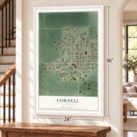 Cornell, Illinois map, 24 x 36 inch print in a white frame by a staircase