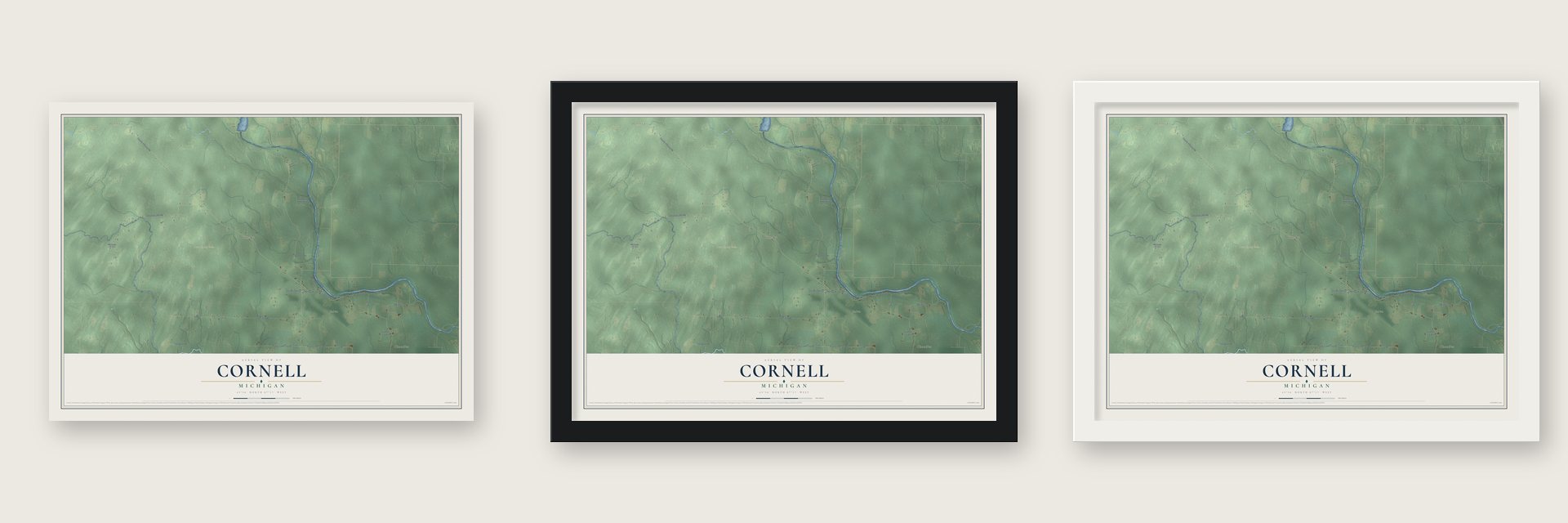 Cornell, Michigan map unframed, in a black wood frame and in a white wood frame
