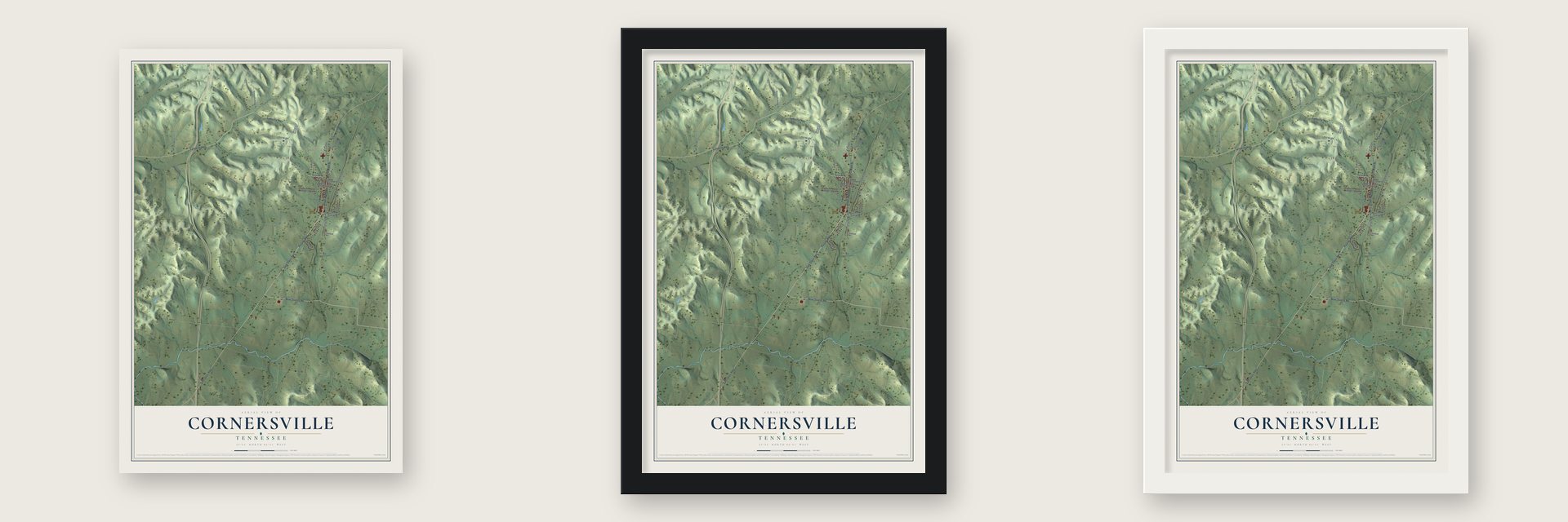 Cornersville, Tennessee map unframed, in a black wood frame and in a white wood frame