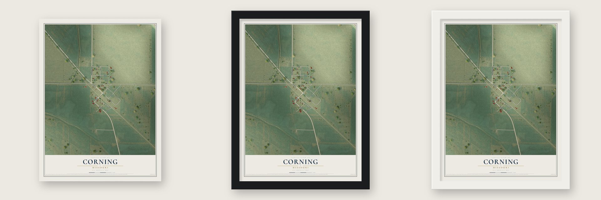 Corning, Missouri map unframed, in a black wood frame and in a white wood frame