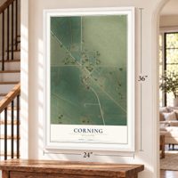 Corning, Missouri map, 24 x 36 inch print in a white frame by a staircase
