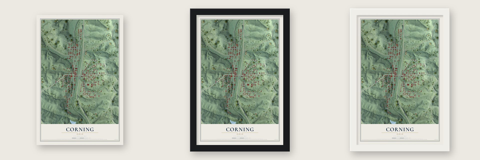 Corning, Ohio map unframed, in a black wood frame and in a white wood frame