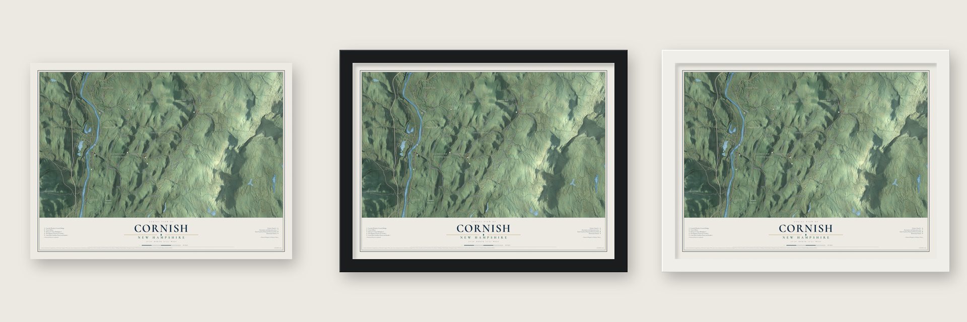 Cornish, New Hampshire map unframed, in a black wood frame and in a white wood frame