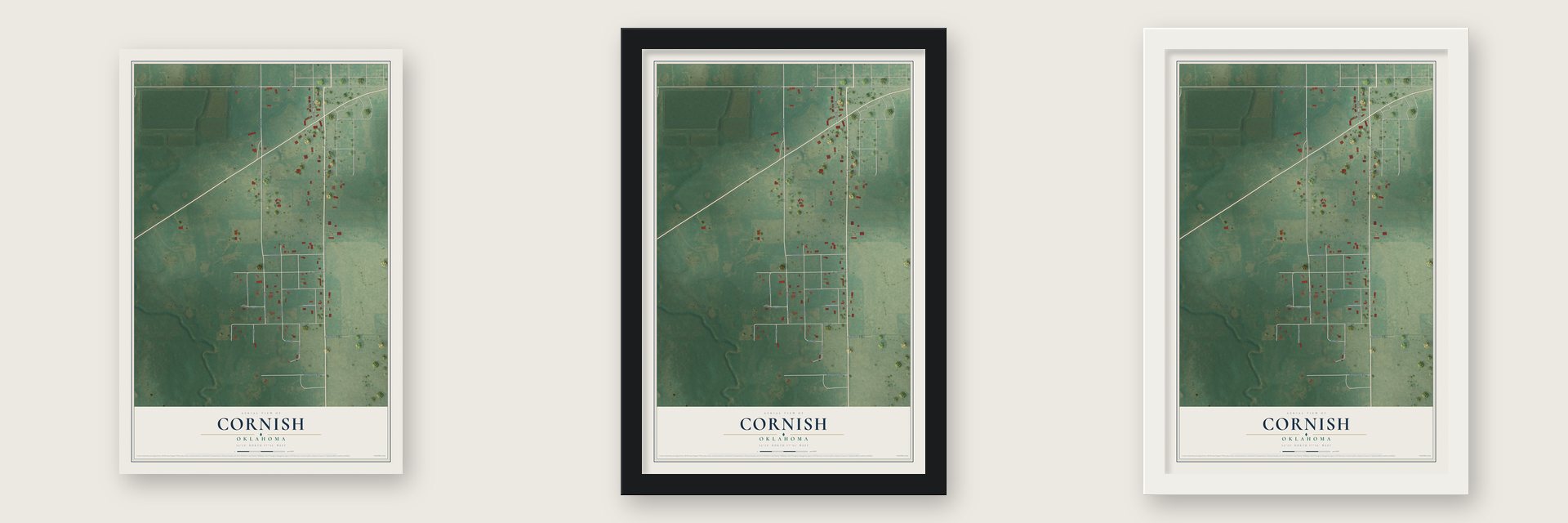 Cornish, Oklahoma map unframed, in a black wood frame and in a white wood frame