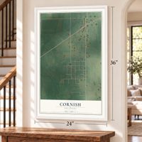 Cornish, Oklahoma map, 24 x 36 inch print in a white frame by a staircase