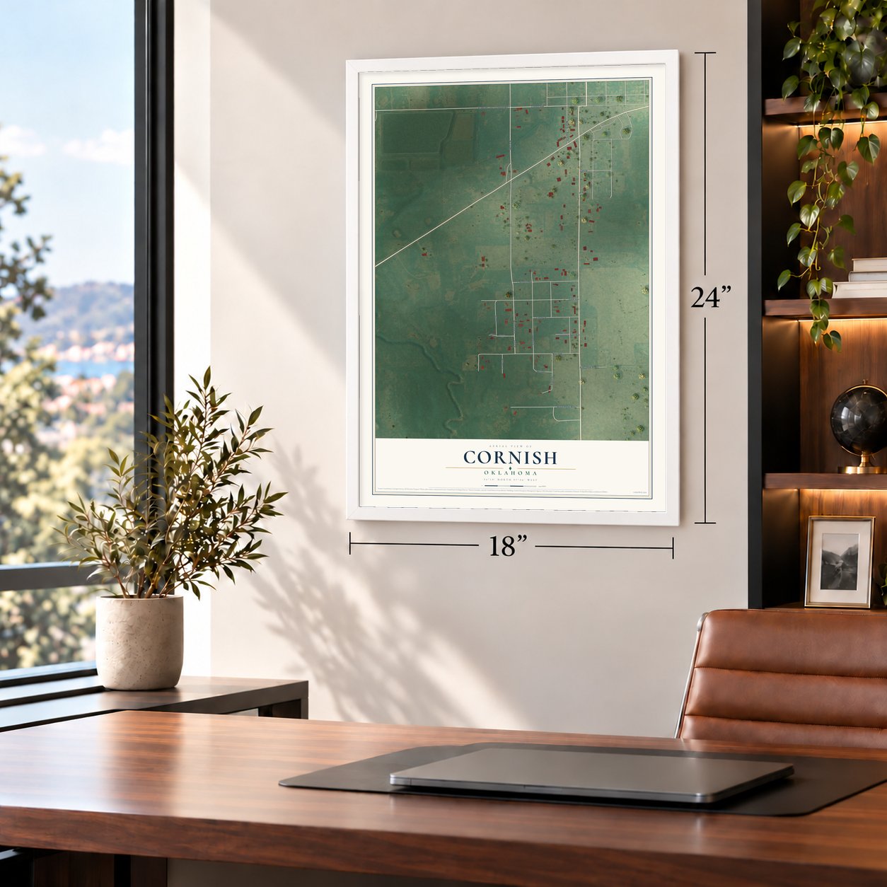 Cornish, Oklahoma map, 18 x 24 inch print in a white frame in a home office