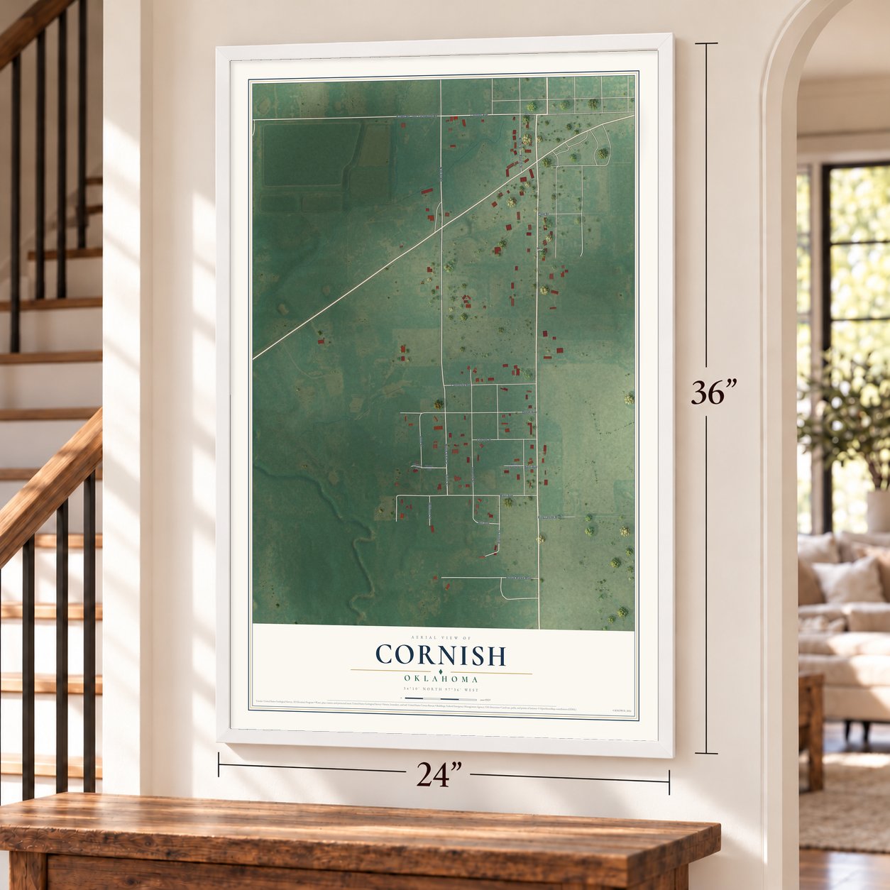 Cornish, Oklahoma map, 24 x 36 inch print in a white frame by a staircase