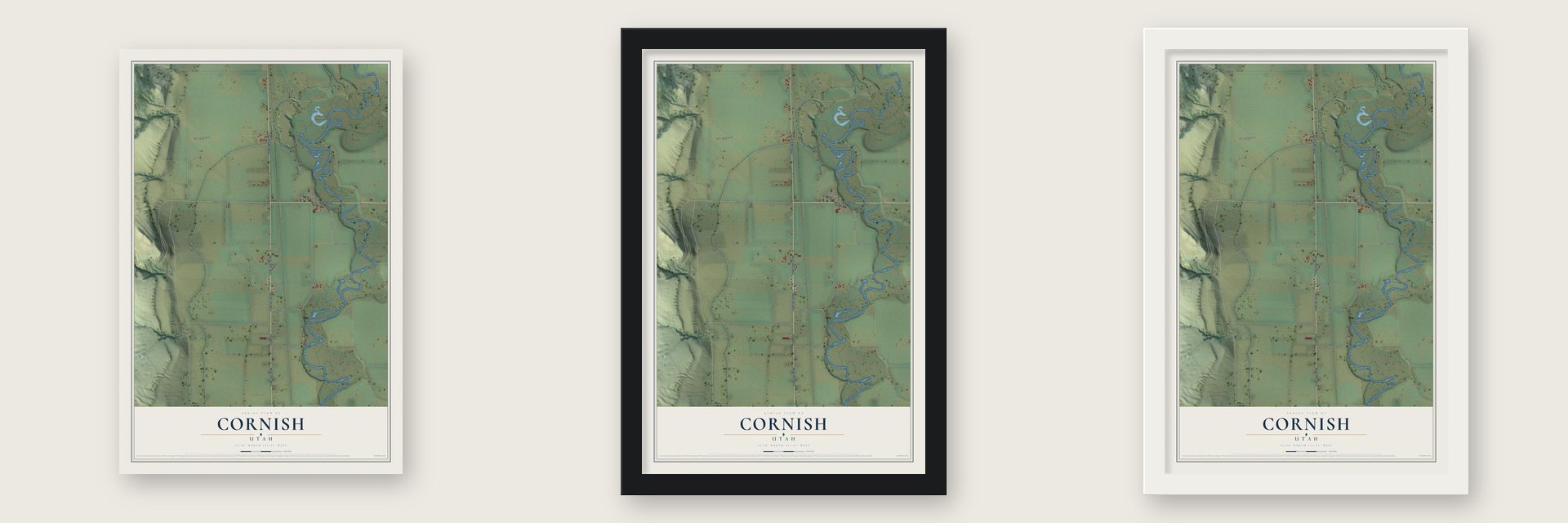 Cornish, Utah map unframed, in a black wood frame and in a white wood frame