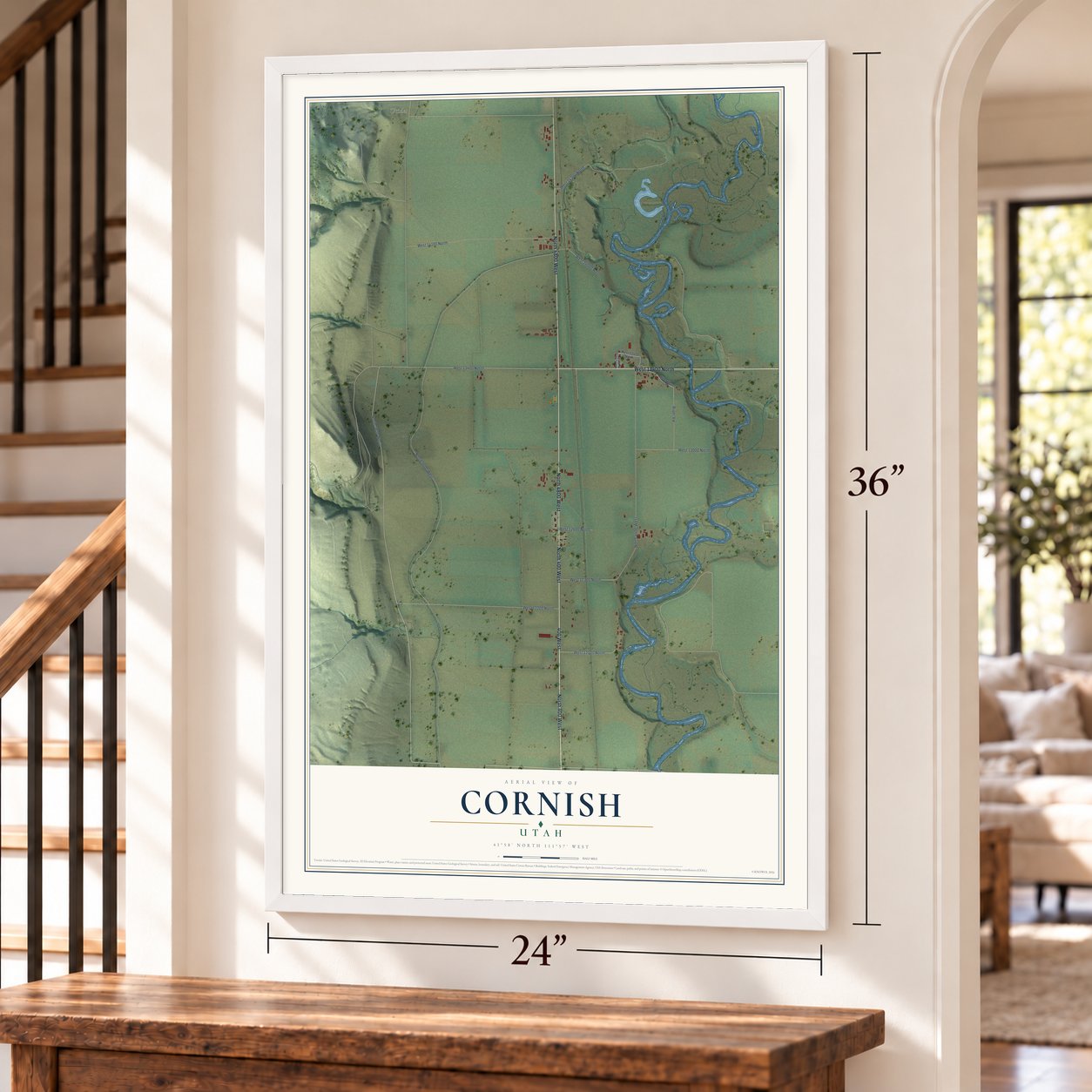 Cornish, Utah map, 24 x 36 inch print in a white frame by a staircase