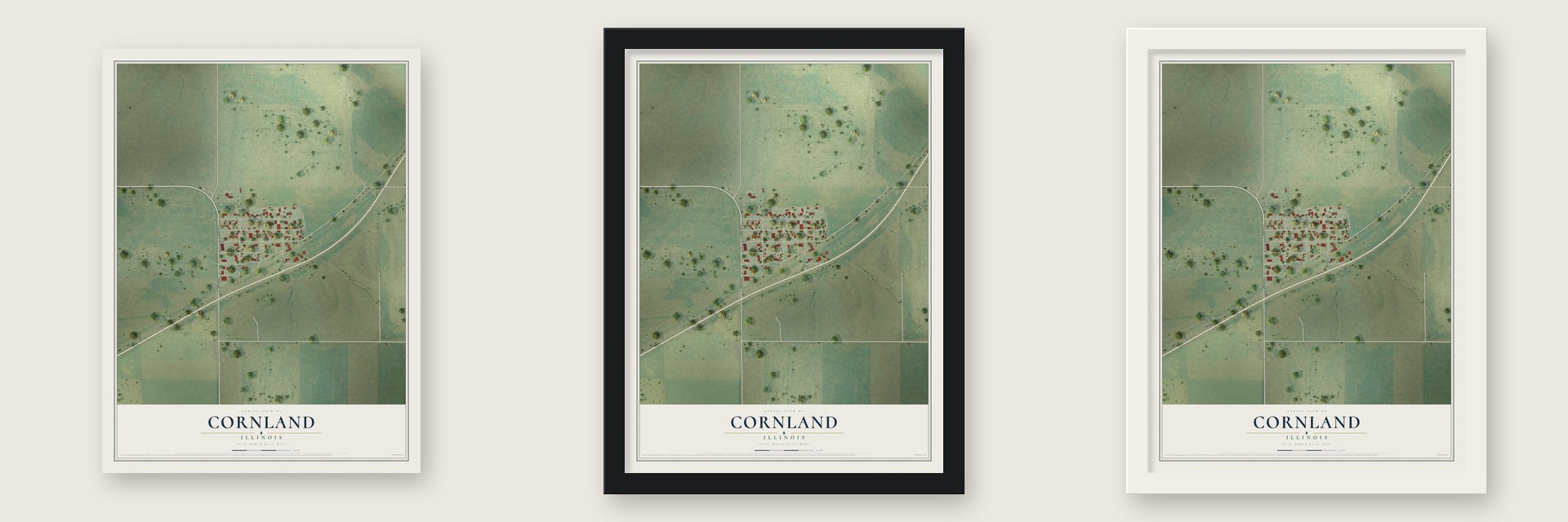 Cornland, Illinois map unframed, in a black wood frame and in a white wood frame
