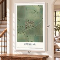 Cornland, Illinois map, 24 x 36 inch print in a white frame by a staircase