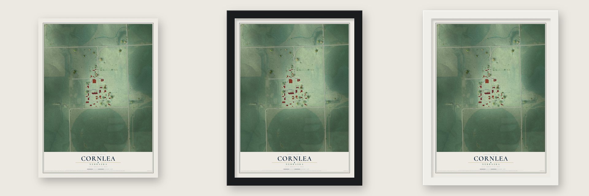 Cornlea, Nebraska map unframed, in a black wood frame and in a white wood frame
