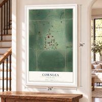 Cornlea, Nebraska map, 24 x 36 inch print in a white frame by a staircase