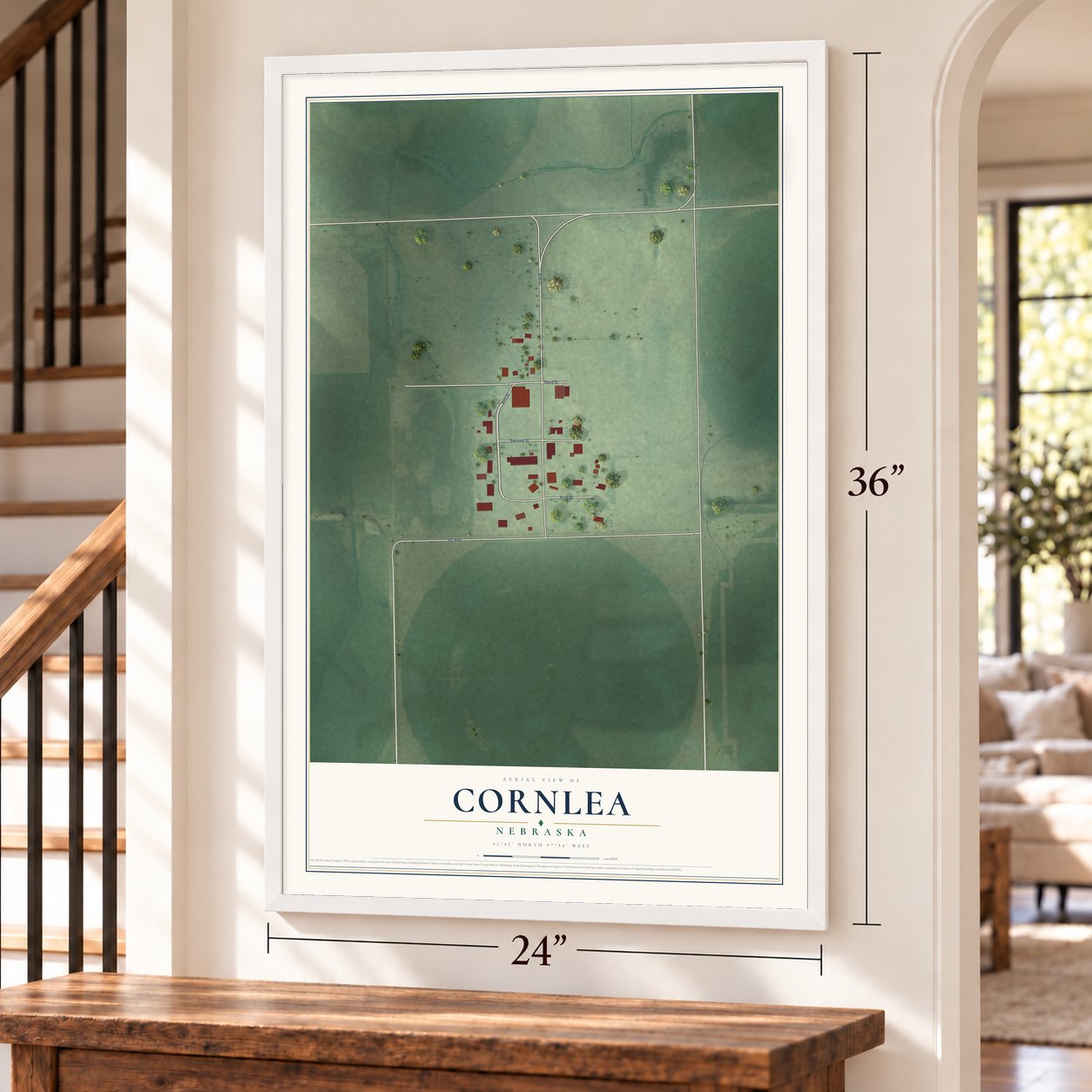 Cornlea, Nebraska map, 24 x 36 inch print in a white frame by a staircase