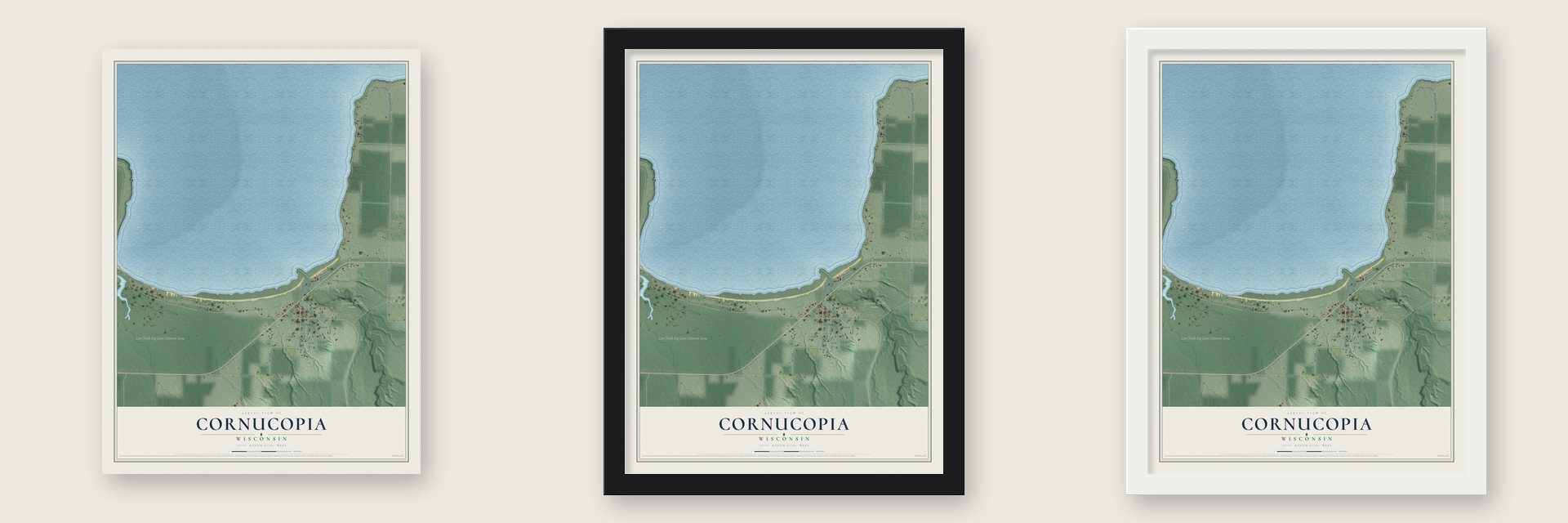 Cornucopia, Wisconsin map unframed, in a black wood frame and in a white wood frame