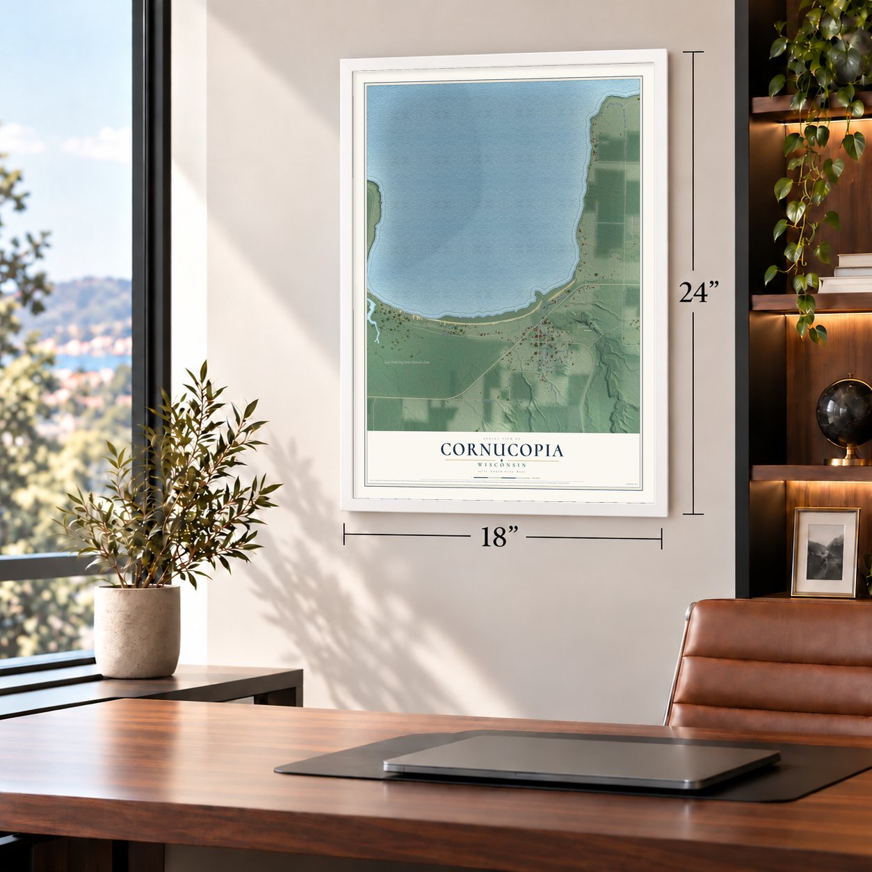 Cornucopia, Wisconsin map, 18 x 24 inch print in a white frame in a home office