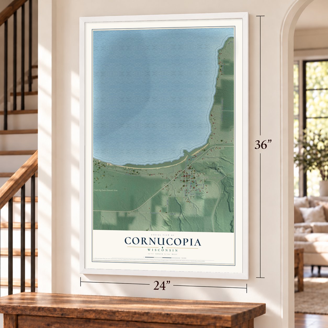 Cornucopia, Wisconsin map, 24 x 36 inch print in a white frame by a staircase