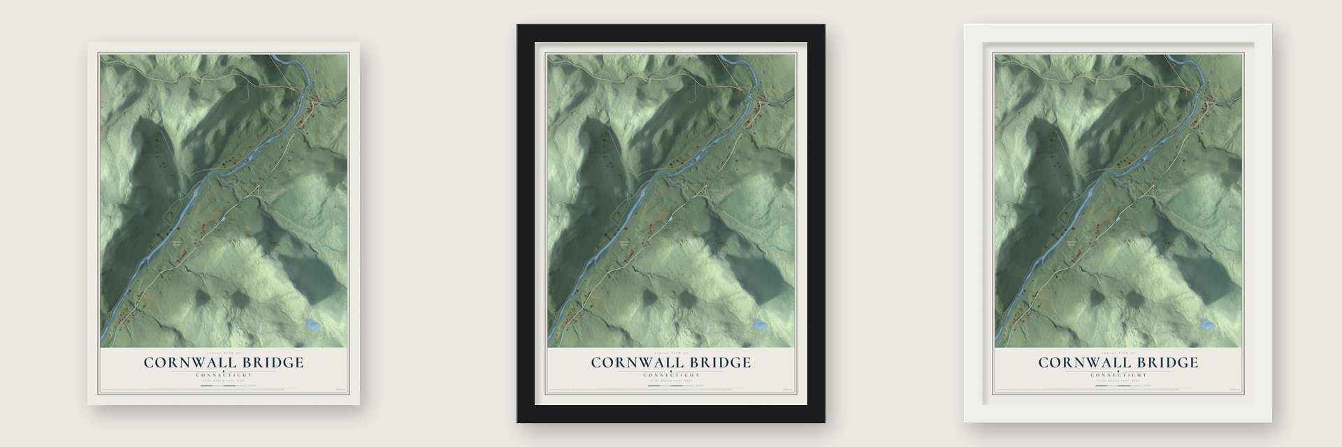 Cornwall Bridge, Connecticut map unframed, in a black wood frame and in a white wood frame