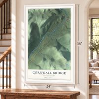 Cornwall Bridge, Connecticut map, 24 x 36 inch print in a white frame by a staircase