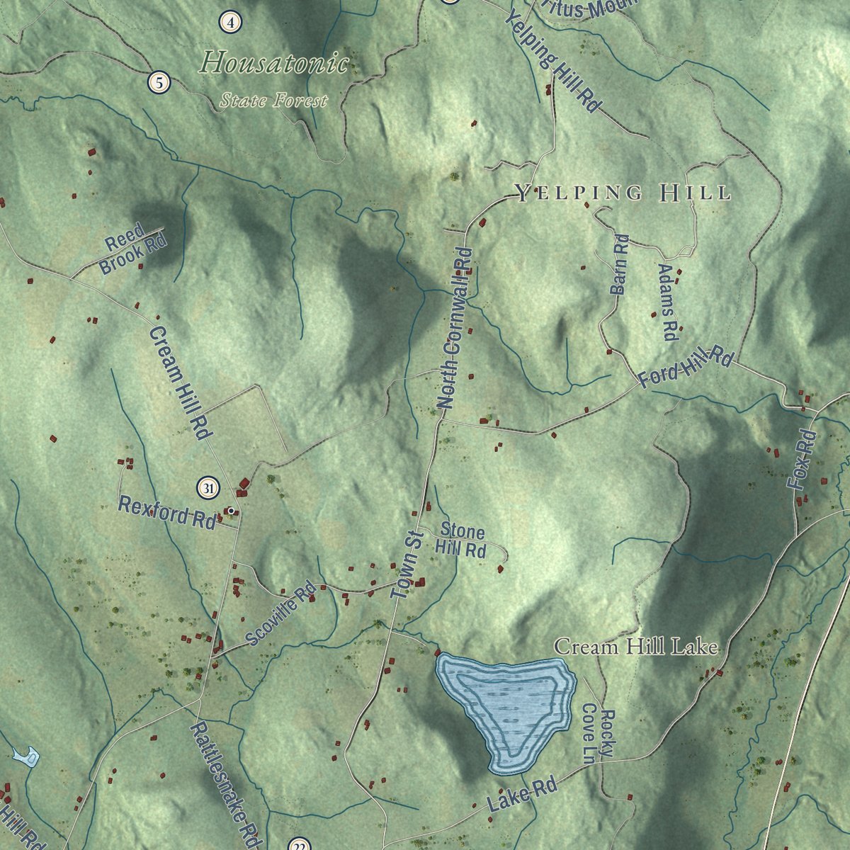 Second close-up of the map of Cornwall, Connecticut print showing more streets and buildings