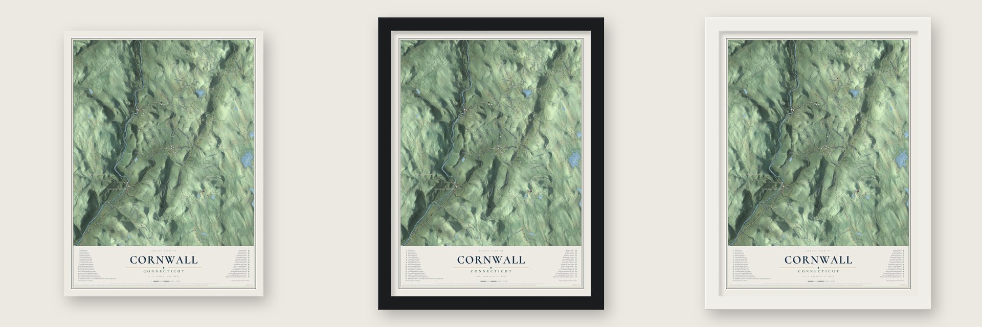Cornwall, Connecticut map unframed, in a black wood frame and in a white wood frame