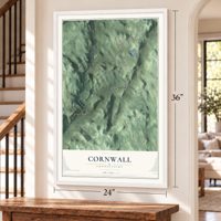 Cornwall, Connecticut map, 24 x 36 inch print in a white frame by a staircase