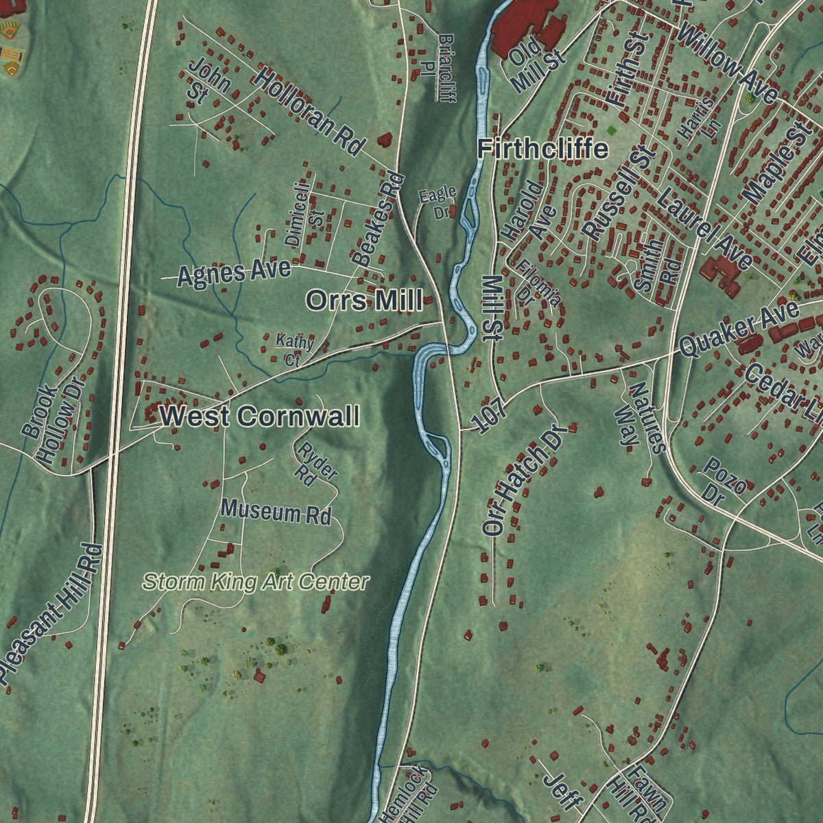 Second close-up of the map of Cornwall, New York print showing more streets and buildings