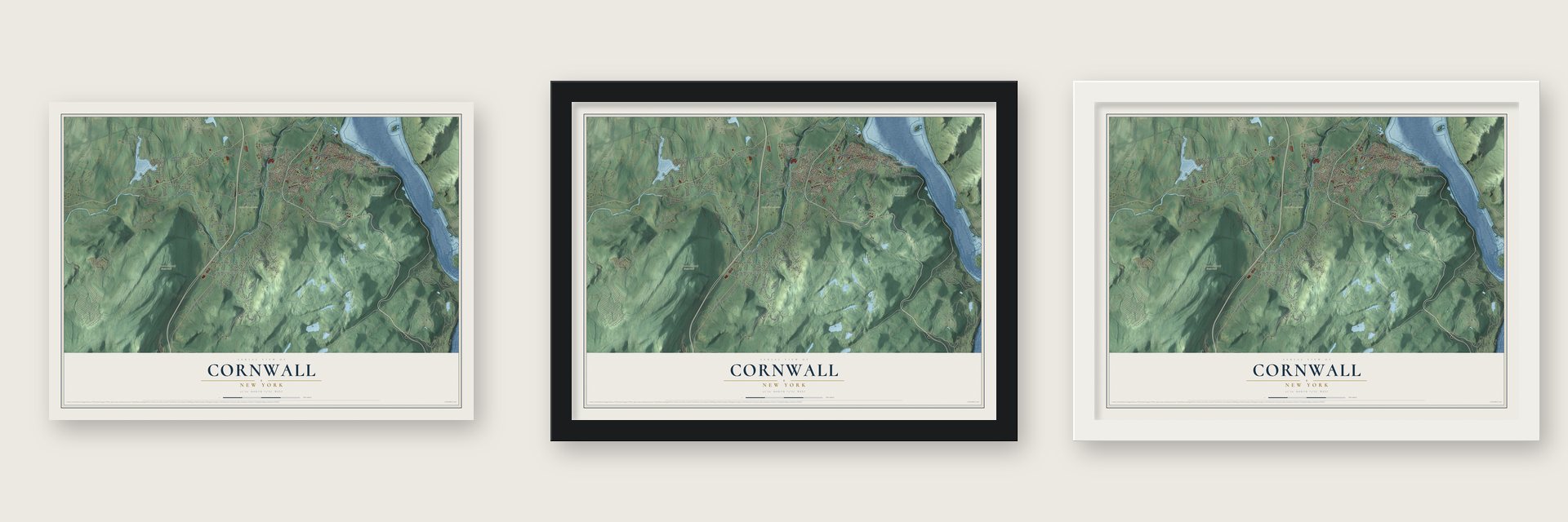 Cornwall, New York map unframed, in a black wood frame and in a white wood frame
