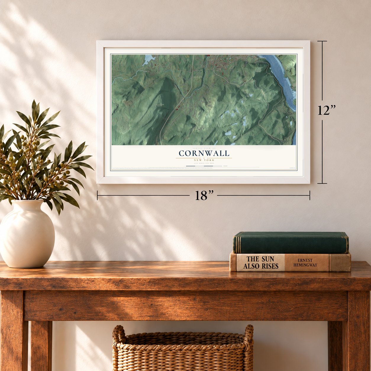 Cornwall, New York map, 12 x 18 inch print in a white frame in an entryway