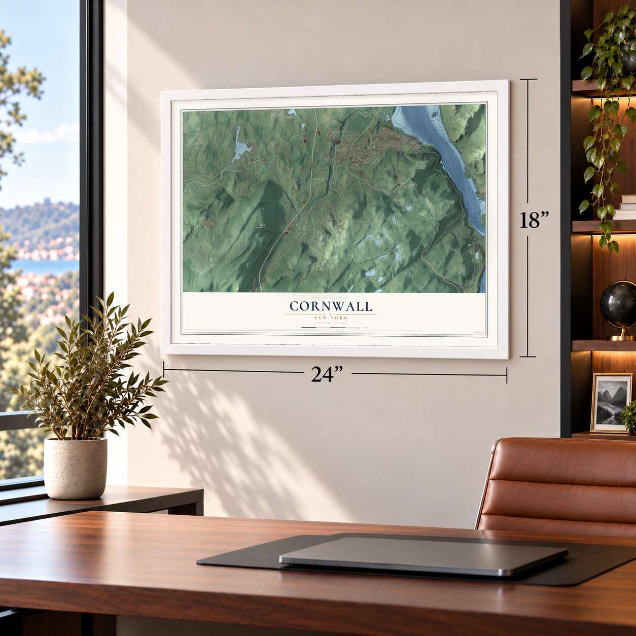 Cornwall, New York map, 18 x 24 inch print in a white frame in a home office