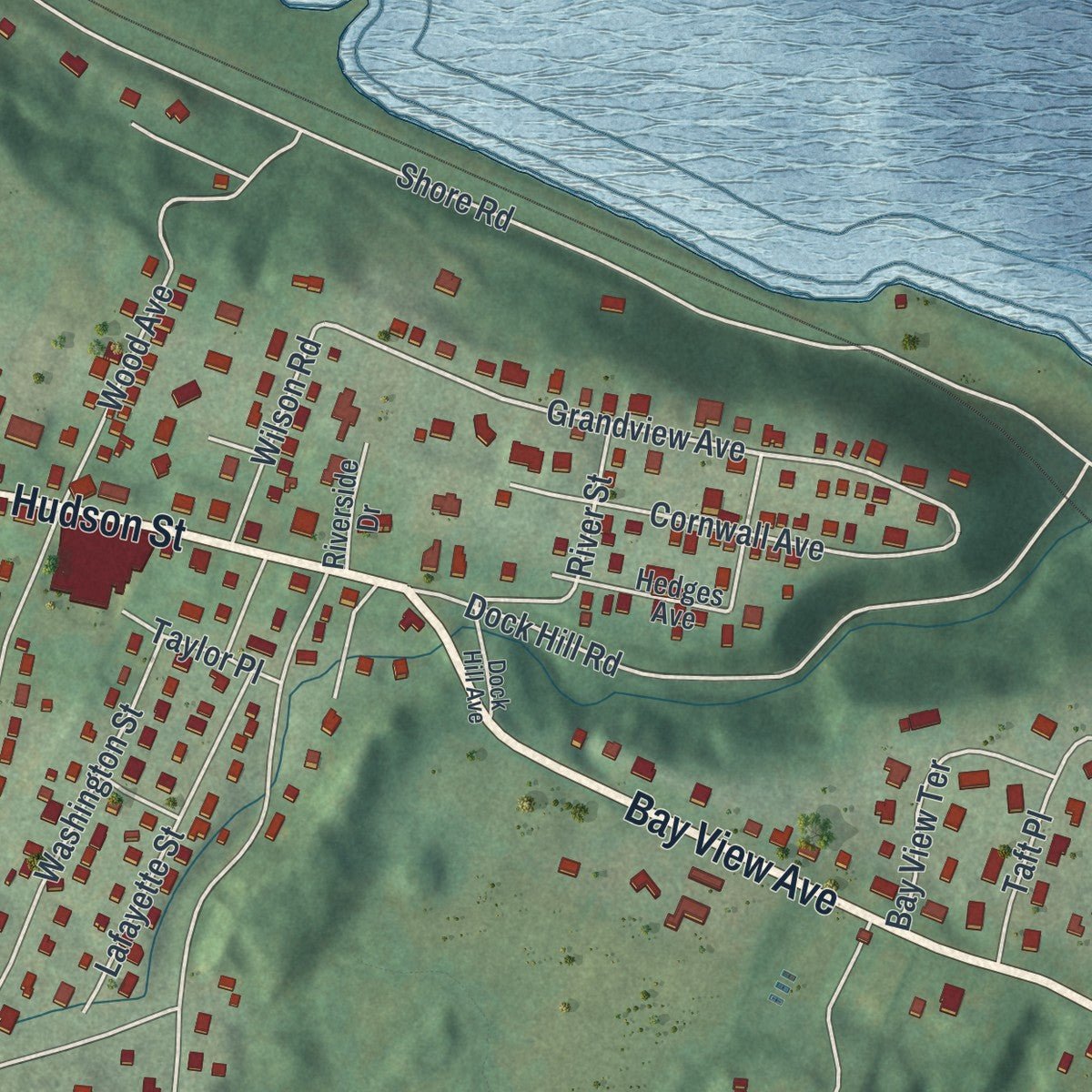 Second close-up of the map of Cornwall-on-Hudson, New York print showing more streets and buildings