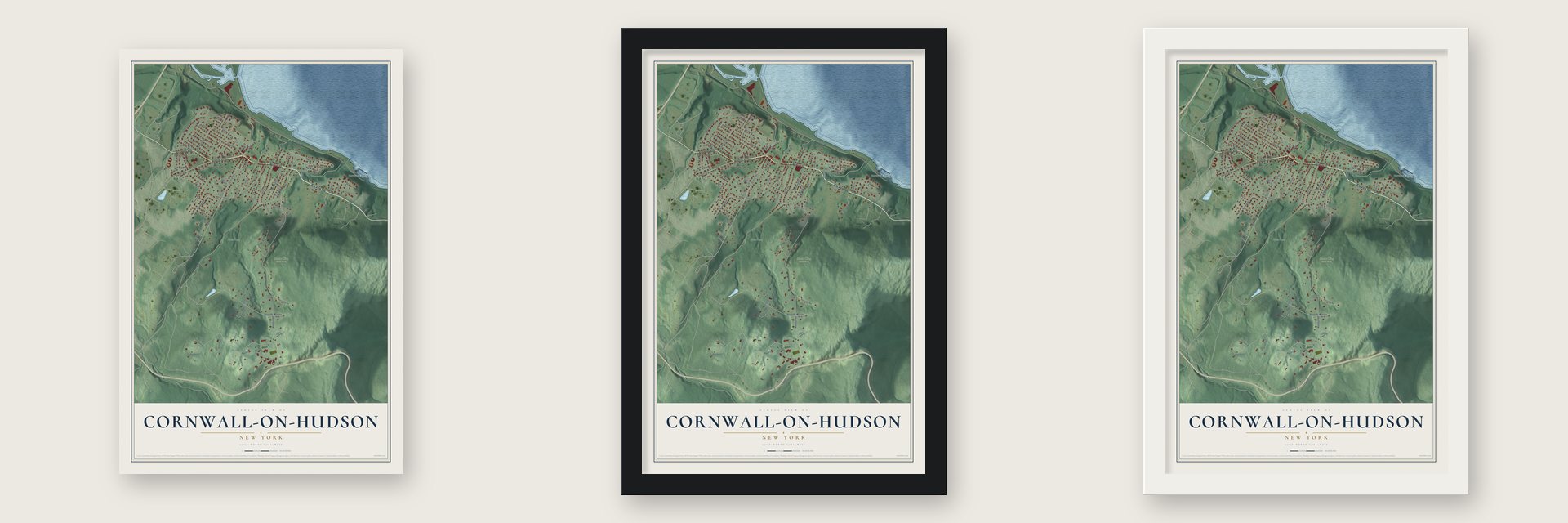Cornwall-on-Hudson, New York map unframed, in a black wood frame and in a white wood frame