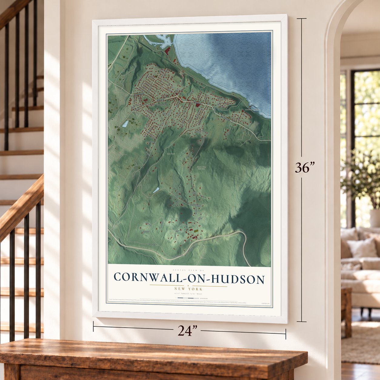Cornwall-on-Hudson, New York map, 24 x 36 inch print in a white frame by a staircase