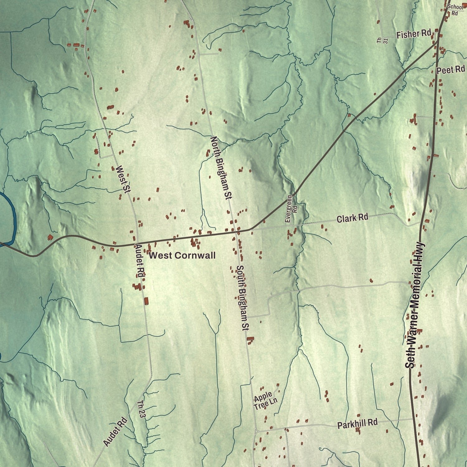 Close-up of the map of Cornwall, Vermont print showing terrain and local geography