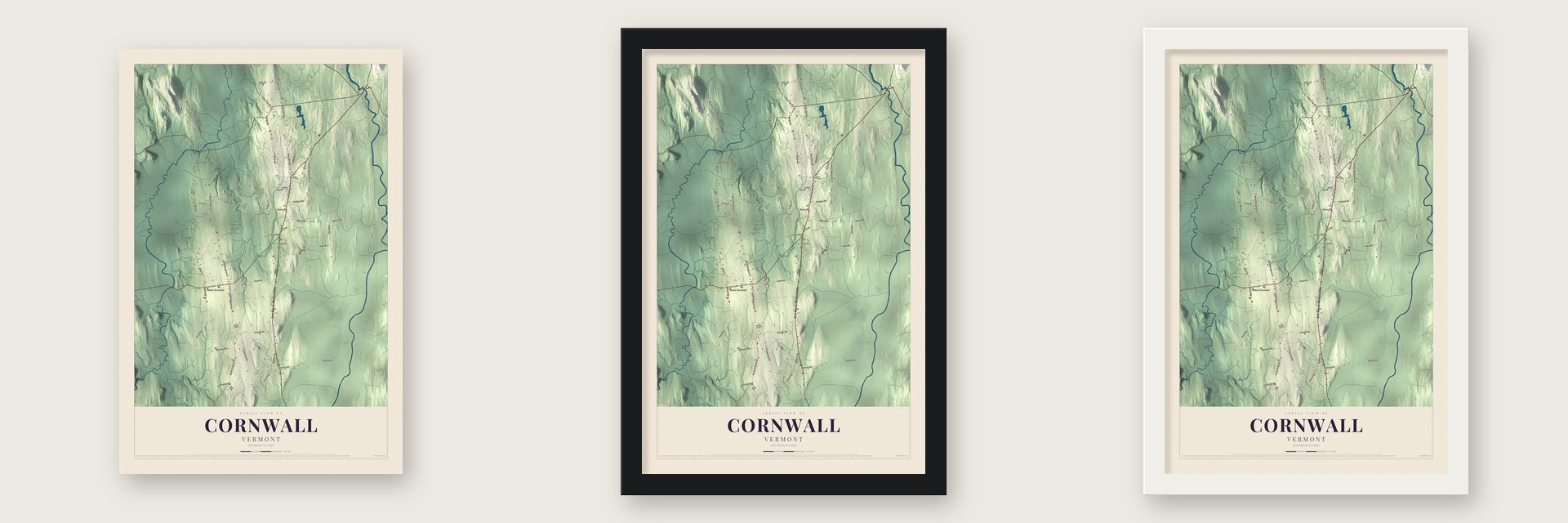Cornwall, Vermont map unframed, in a black wood frame and in a white wood frame