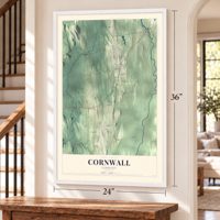 Cornwall, Vermont map, 24 x 36 inch print in a white frame by a staircase