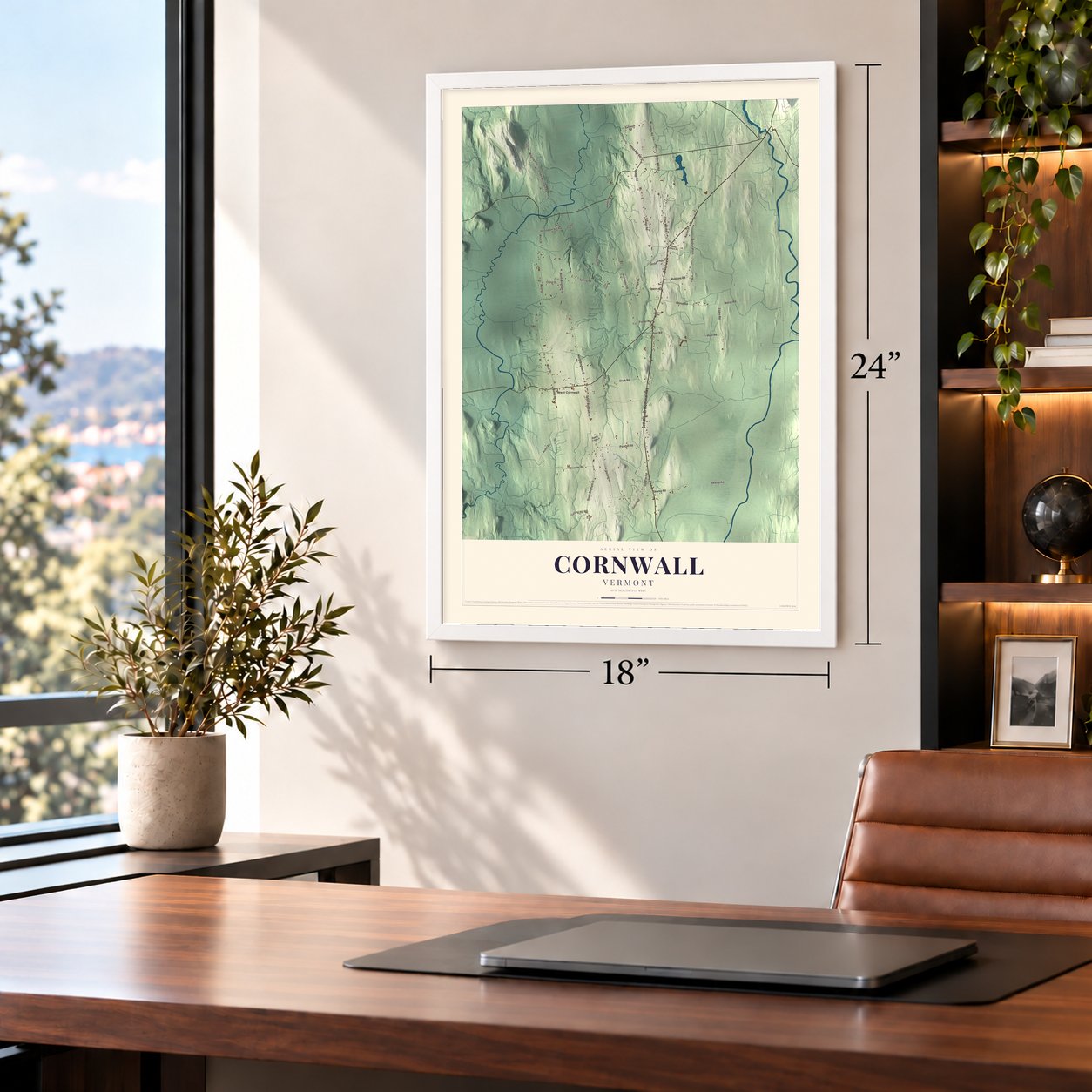 Cornwall, Vermont map, 18 x 24 inch print in a white frame in a home office