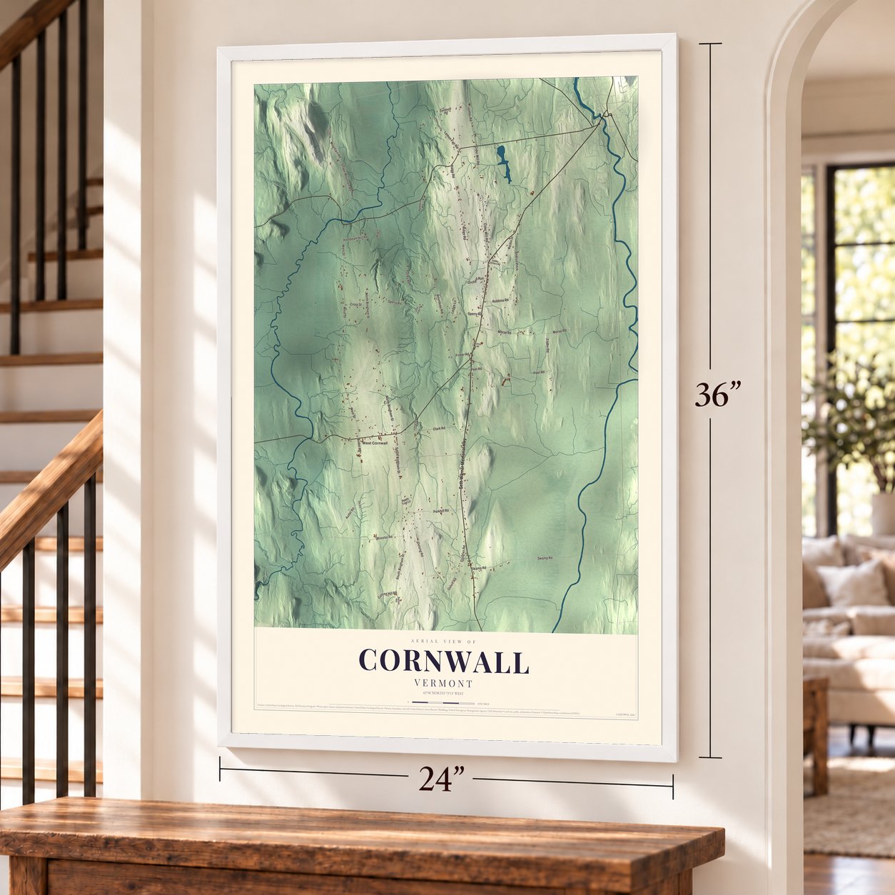 Cornwall, Vermont map, 24 x 36 inch print in a white frame by a staircase