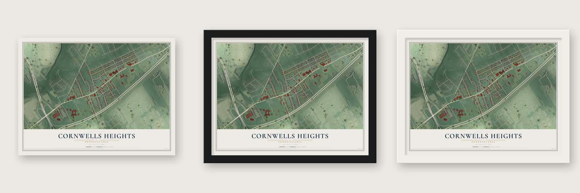 Cornwells Heights, Pennsylvania map unframed, in a black wood frame and in a white wood frame