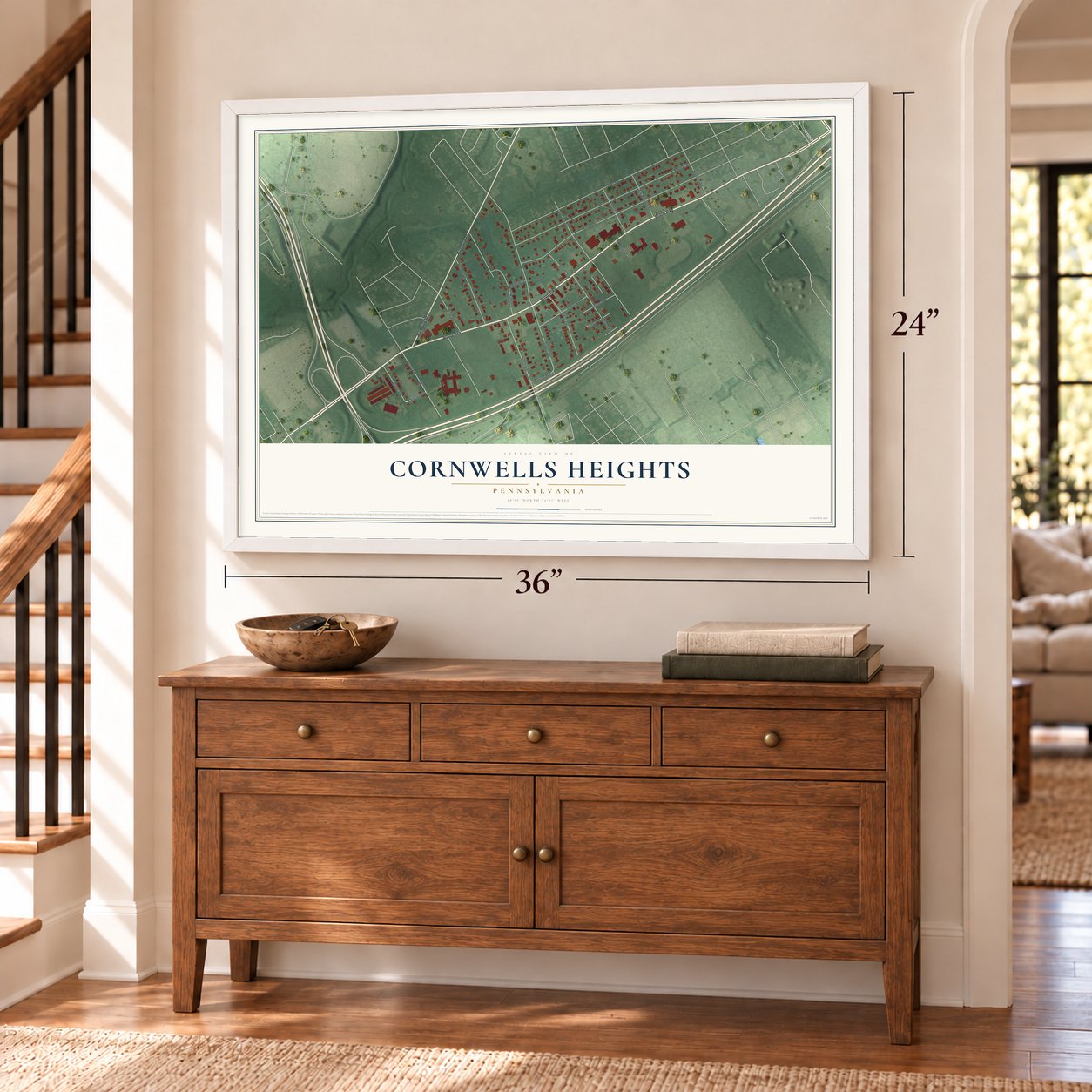 Cornwells Heights, Pennsylvania map, 24 x 36 inch print in a white frame above a dresser by a staircase