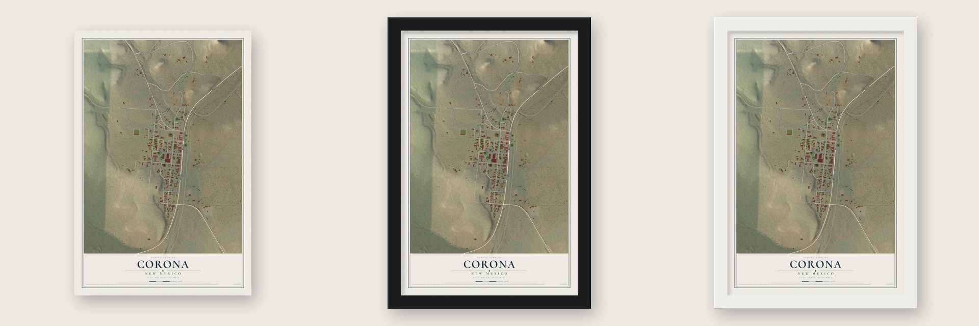 Corona, New Mexico map unframed, in a black wood frame and in a white wood frame