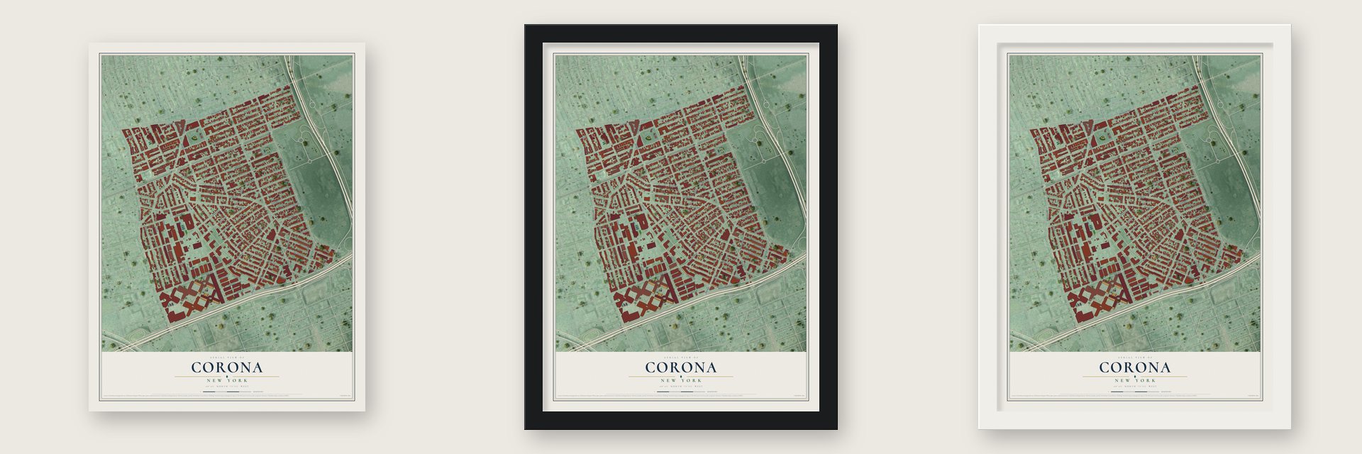 Corona, New York map unframed, in a black wood frame and in a white wood frame