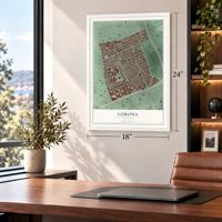 Corona, New York map, 18 x 24 inch print in a white frame in a home office
