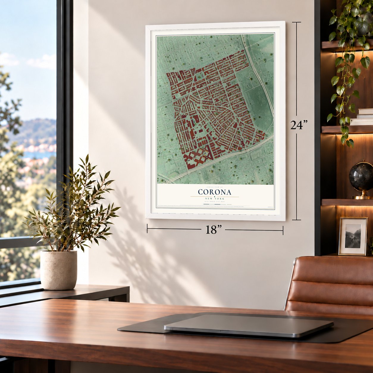 Corona, New York map, 18 x 24 inch print in a white frame in a home office