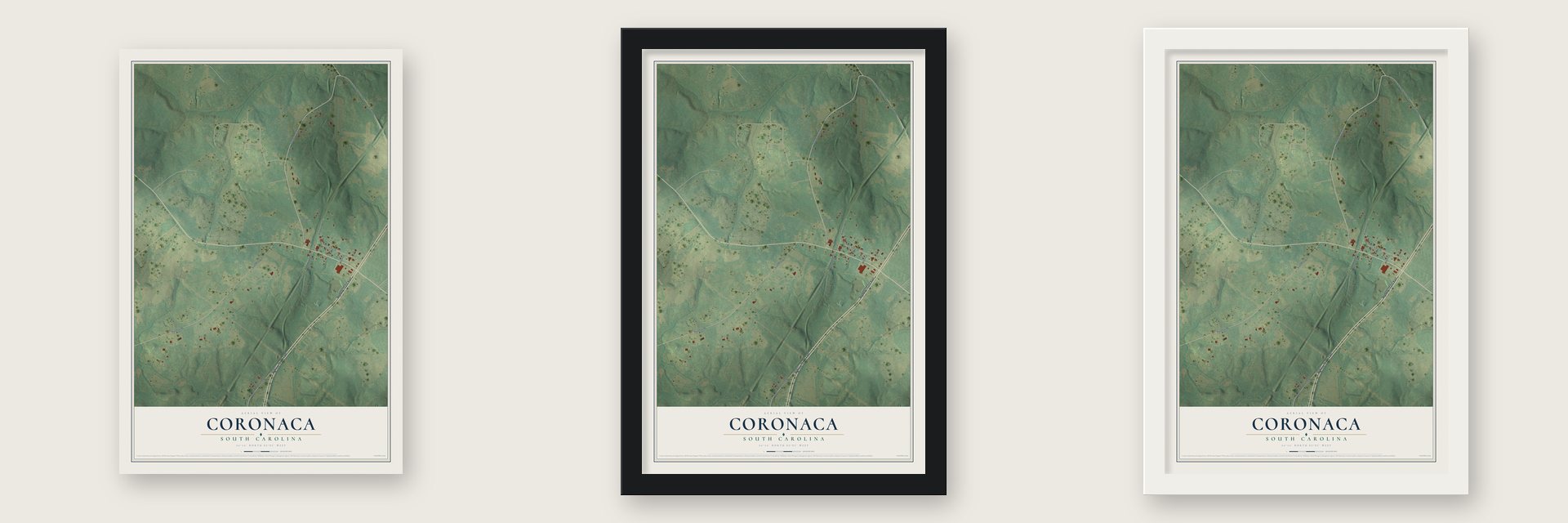 Coronaca, South Carolina map unframed, in a black wood frame and in a white wood frame
